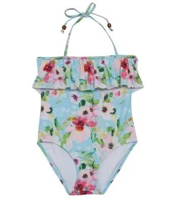 Girls' Watercolor Floral Frill Halter One Piece Swimsuit (Toddler, Little Kid)