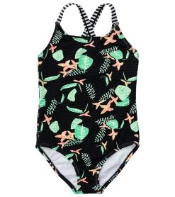 Girls' Neon Rainforest Sustainable X Back Swimsuit (Little Kid, Big Kid)